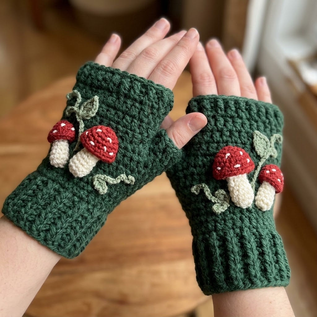 Dark green crochet fingerless gloves with red mushroom appliqué and leaves