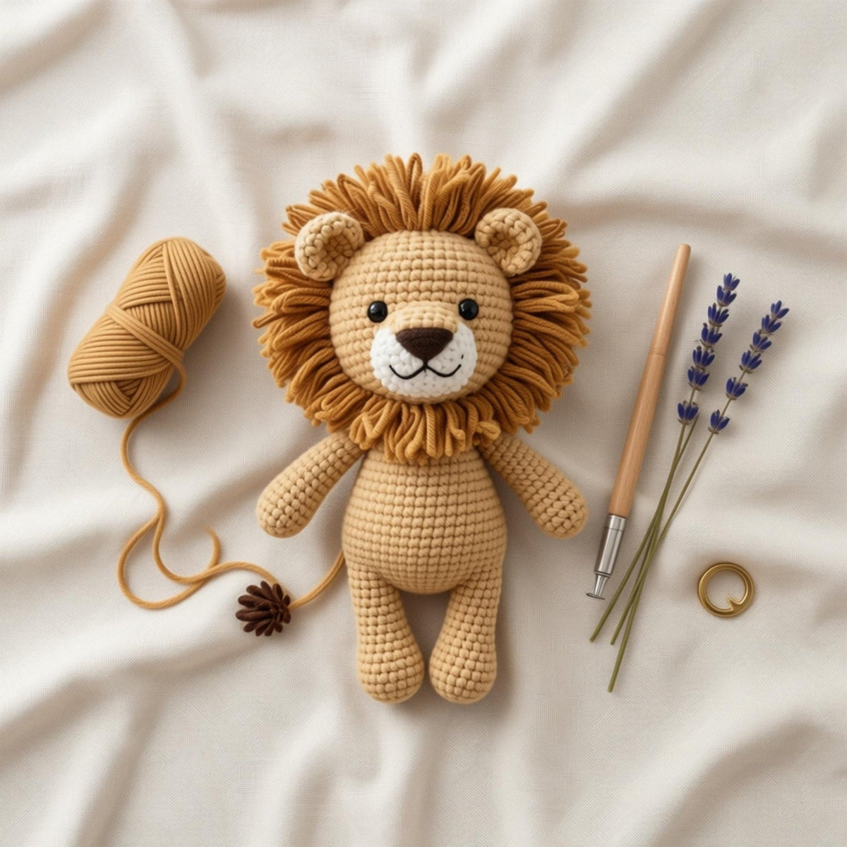 Crochet lion amigurumi flat lay with yarn, crochet hook and lavender