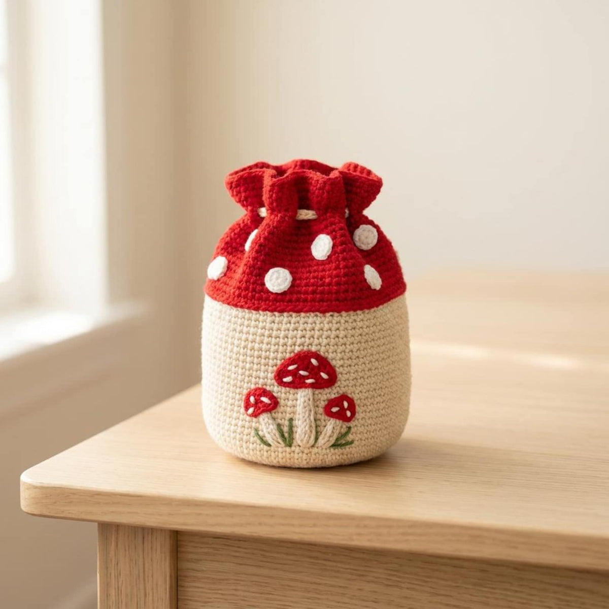 Crochet mushroom drawstring bag on wooden table in natural light