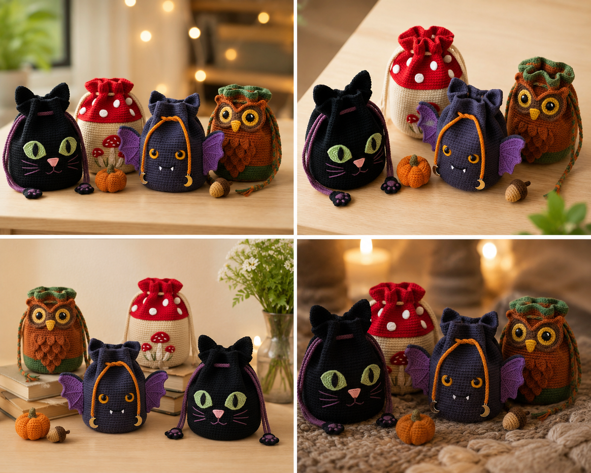 Halloween Crochet Drawstring Bags Bundle Digital Pattern – 4 Designs