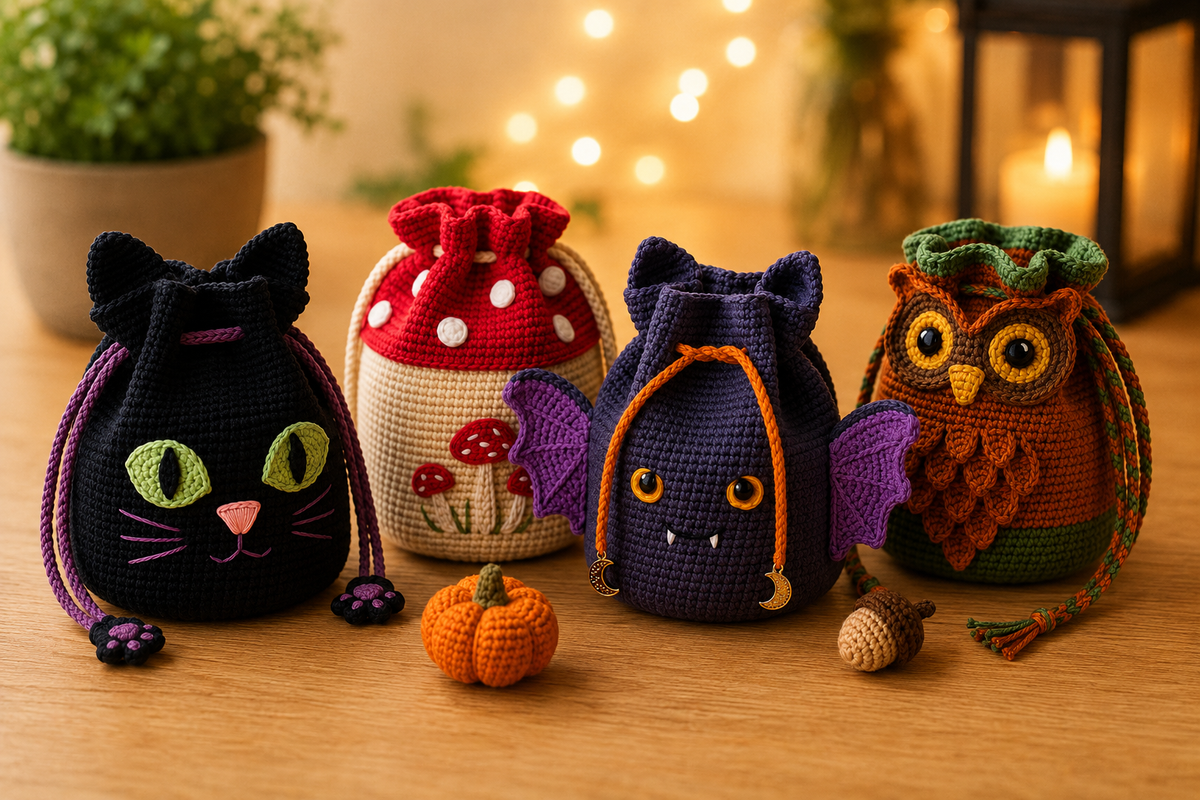 Halloween Crochet Drawstring Bags Bundle Digital Pattern – 4 Designs
