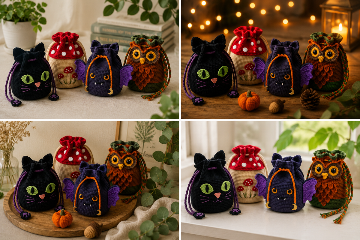 Halloween Crochet Drawstring Bags Bundle Digital Pattern – 4 Designs