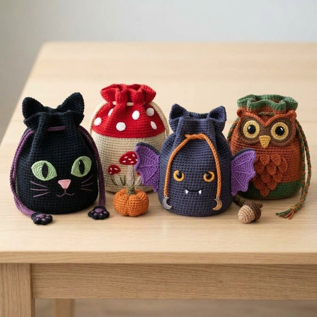 Four Halloween crochet drawstring bags: black cat, mushroom, bat and owl on a wooden table
