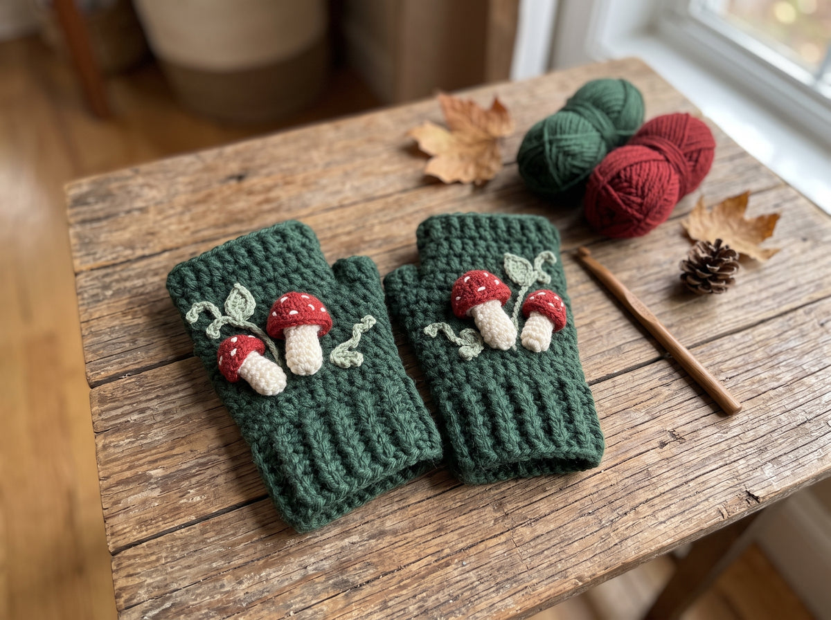 Mushroom Fingerless Gloves Crochet Pattern