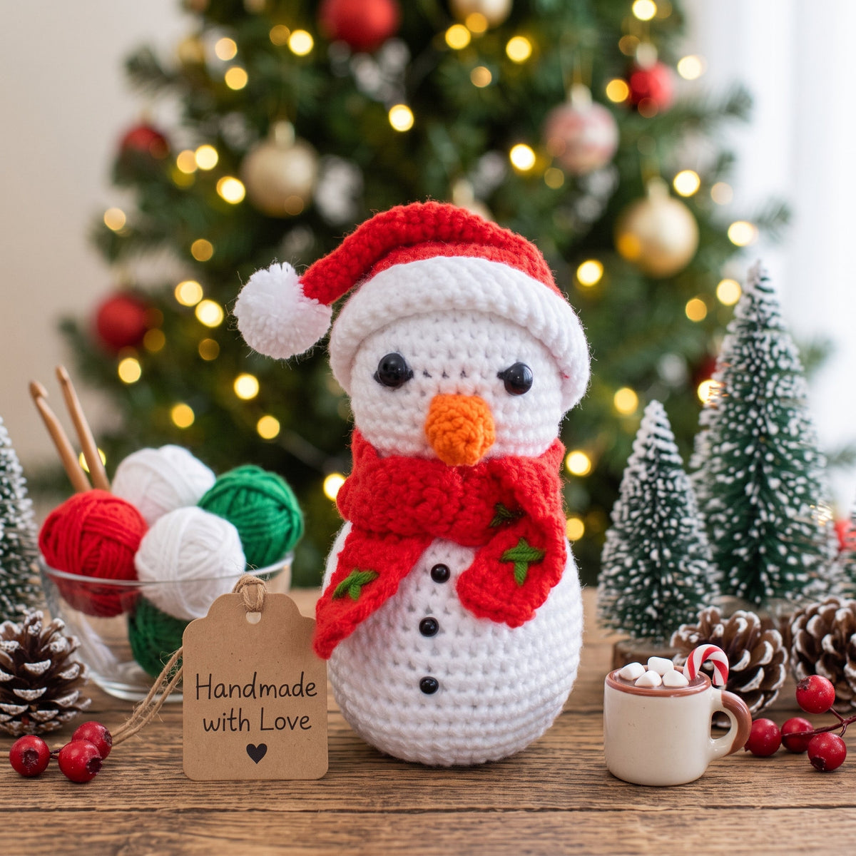 Crochet snowman amigurumi with red Santa hat and scarf, surrounded by yarn and Christmas decorations