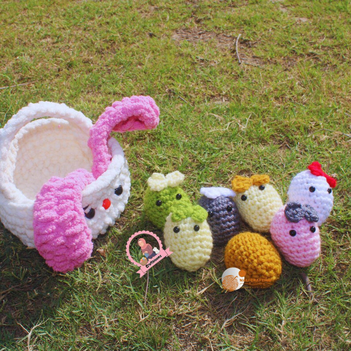 Hello Kitty crochet basket with colorful amigurumi chicks on grass