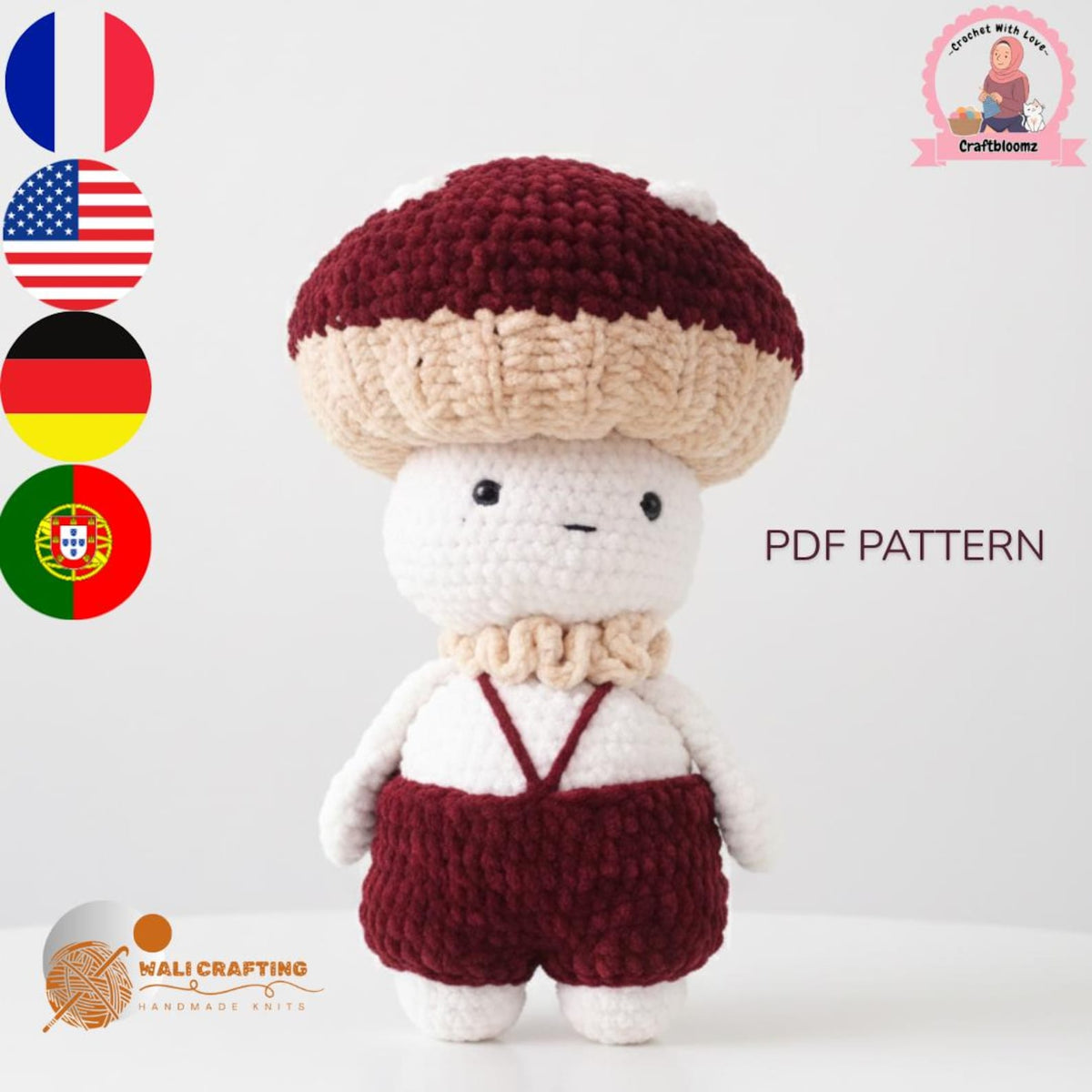Crochet mushroom boy amigurumi front view with suspenders and bow tie