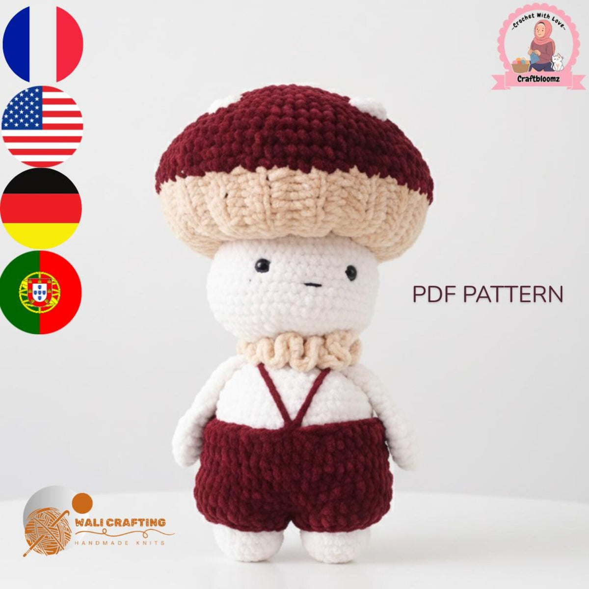 Crochet Mushroom Boy Amigurumi Pattern – PDF in English, French, German & Portuguese