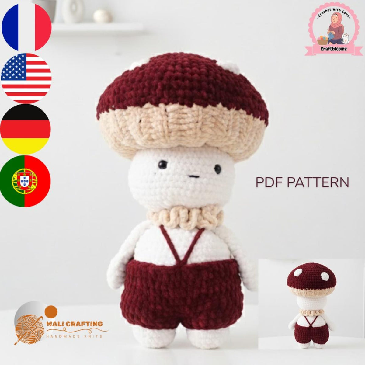 Crochet mushroom boy pattern PDF available in 4 languages full front view