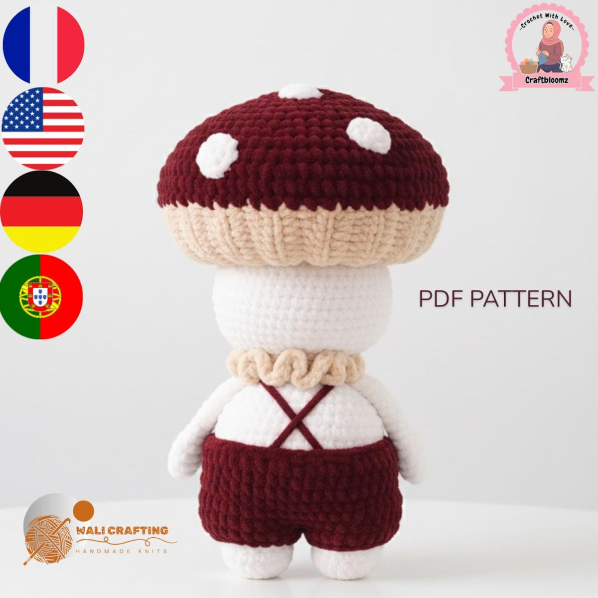 Crochet Mushroom Boy Amigurumi Pattern – PDF in English, French, German & Portuguese