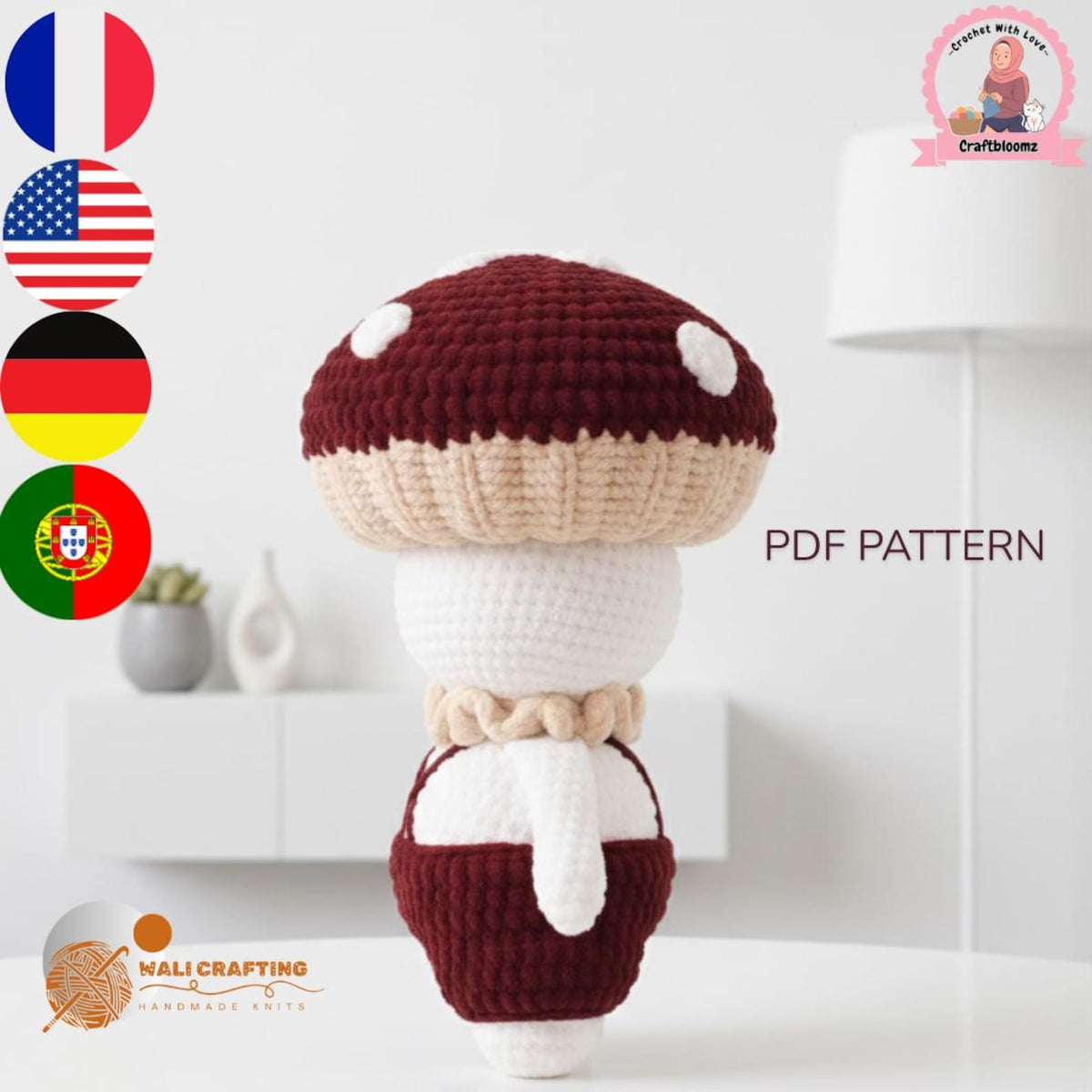 Crochet mushroom boy amigurumi side view showing mushroom cap detail