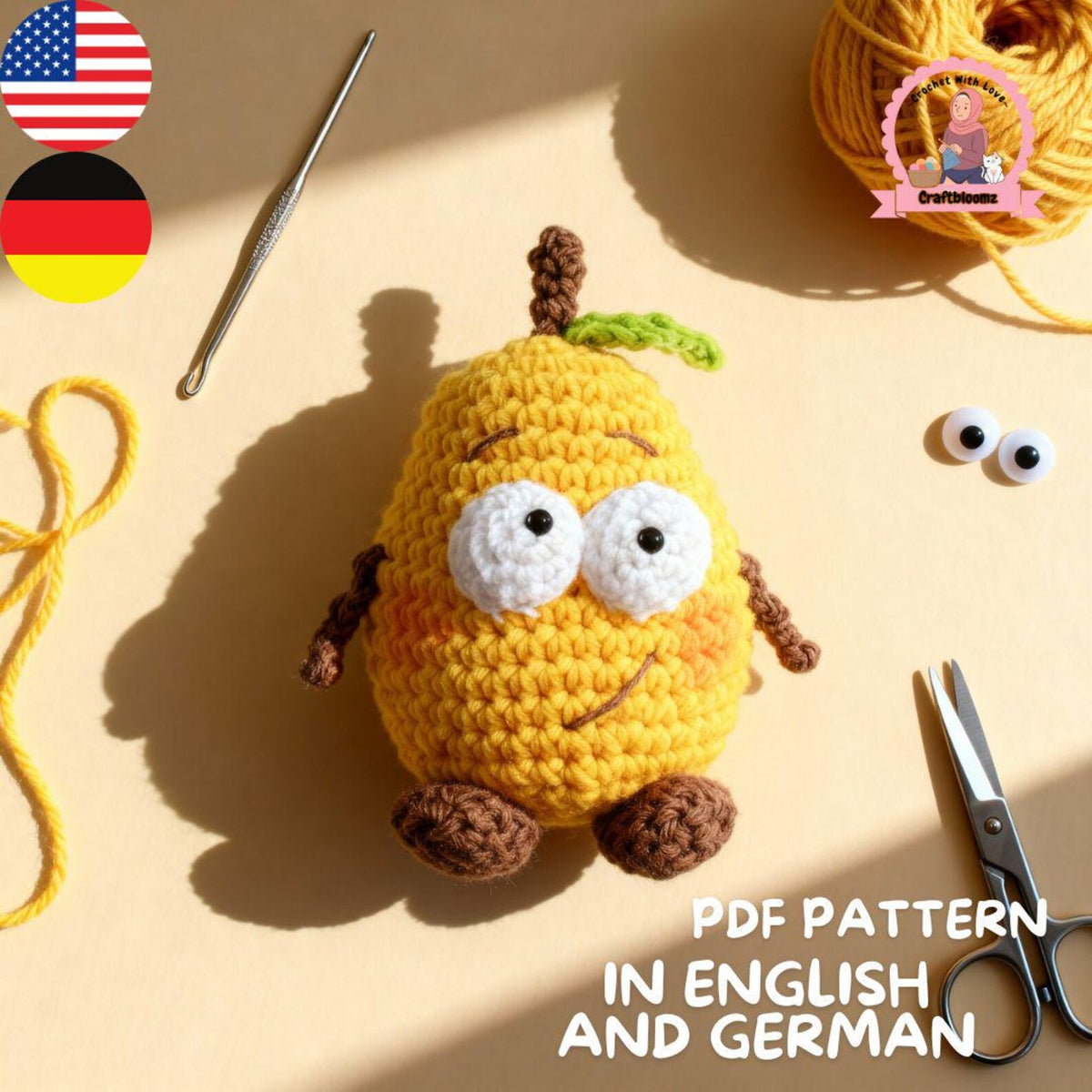 Crochet pear amigurumi pattern PDF in English and German with yarn and tools