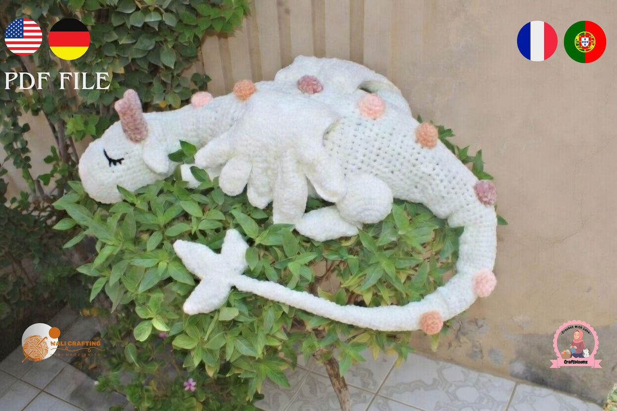 Giant sleeping unicorn dragon crochet pattern PDF in 4 languages garden display