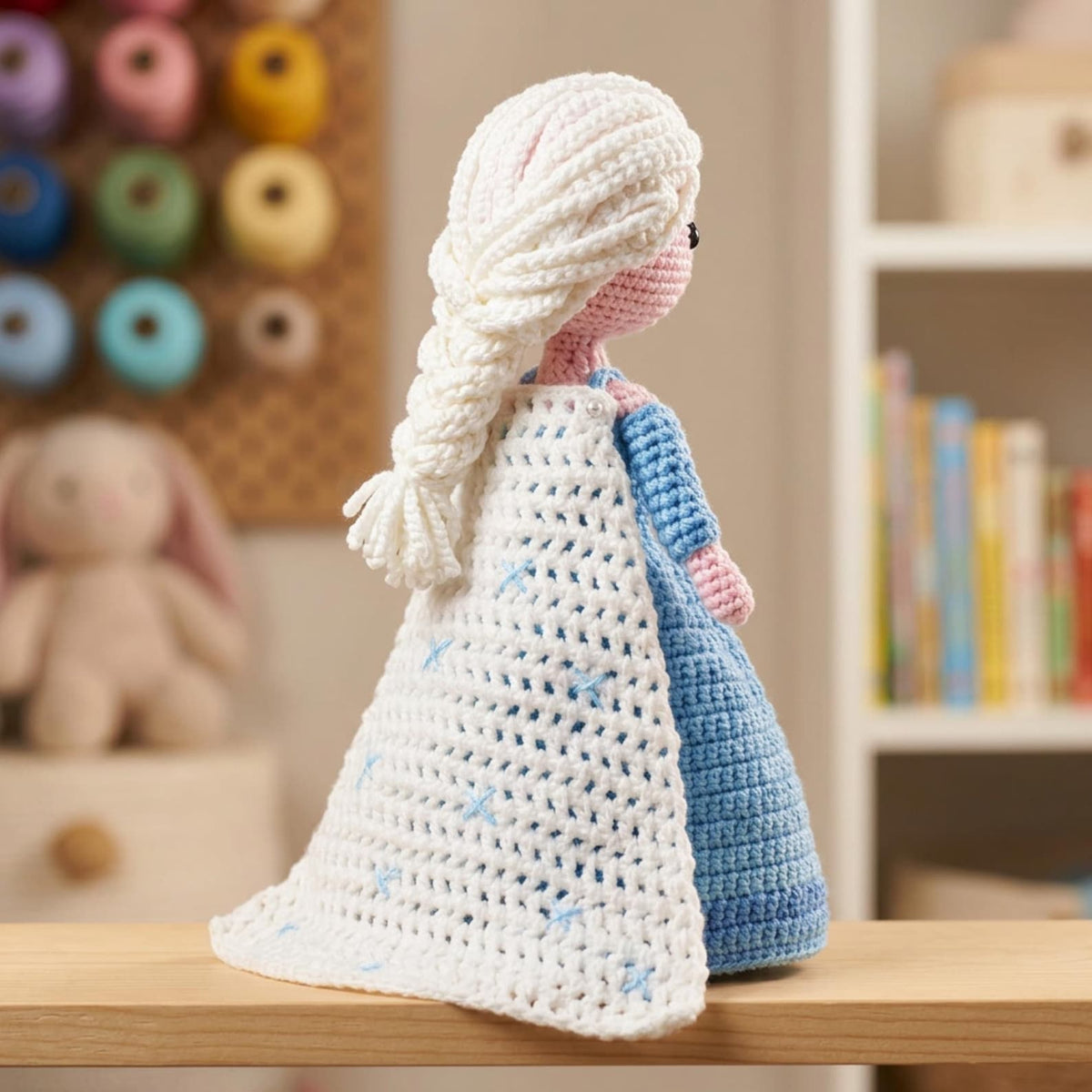 Crochet snow princess amigurumi doll side view showing white cape and long braid