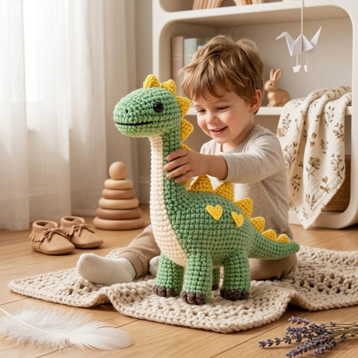 Child playing with large green and yellow crochet Brachiosaurus dinosaur amigurumi