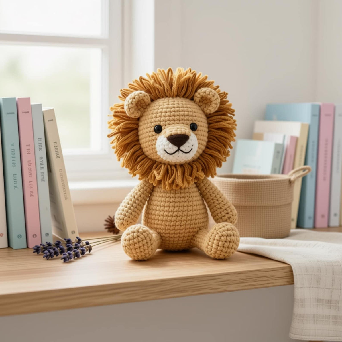 Crochet lion amigurumi sitting on wooden shelf with books and lavender