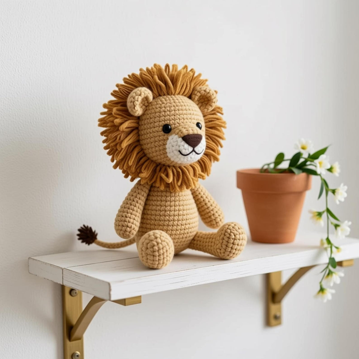 Crochet lion amigurumi on white wall shelf with flower pot