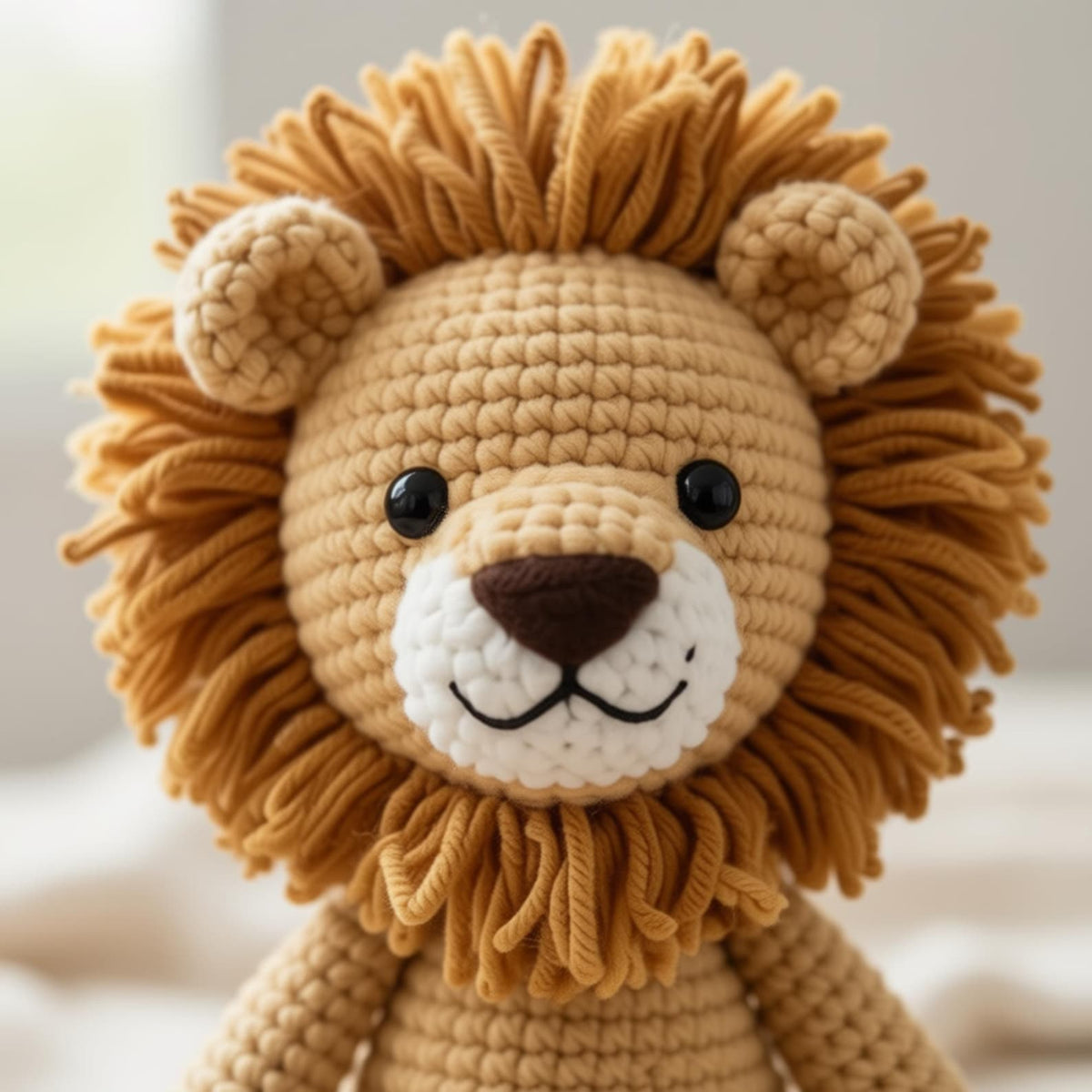 Close-up of crochet lion amigurumi face with fluffy mane