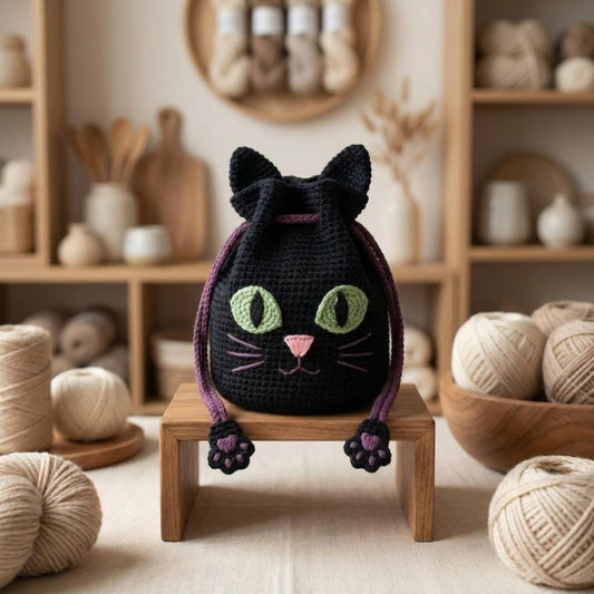 Crochet Black Cat Drawstring Bag Digital Pattern