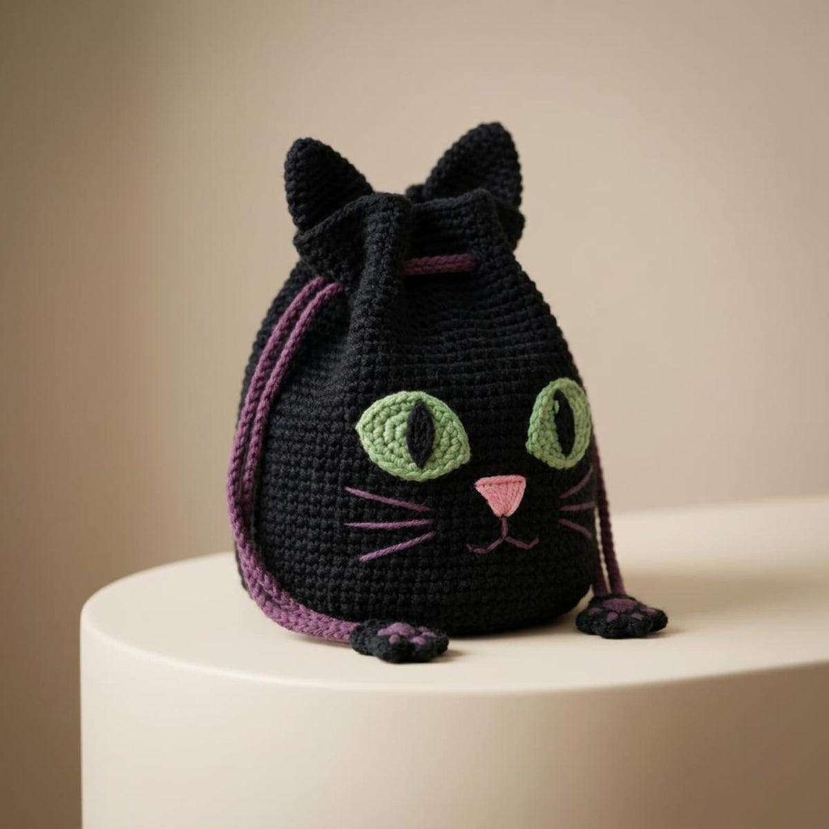 Crochet black cat drawstring bag with green eyes and purple strap on a white pedestal