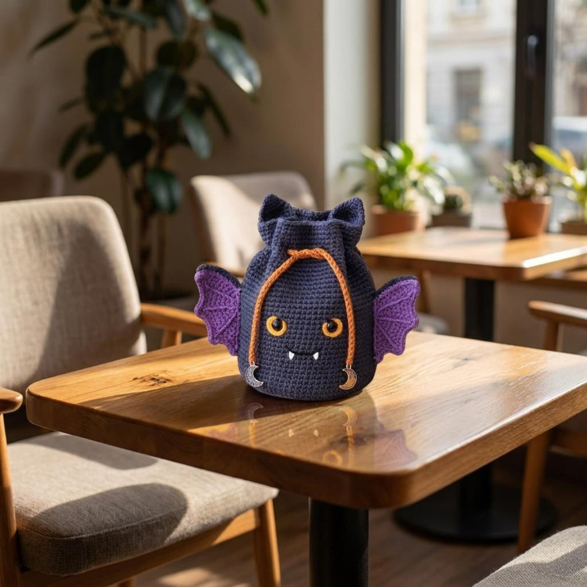 Crochet bat bag on cafe table in natural light
