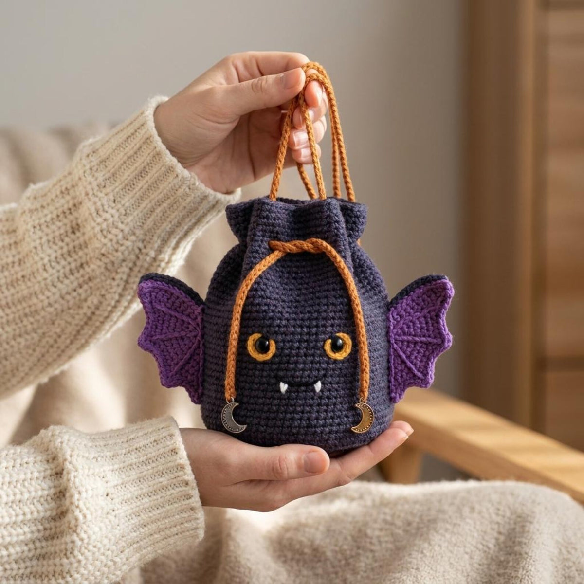 Handmade crochet bat bag held in hands showing full detail