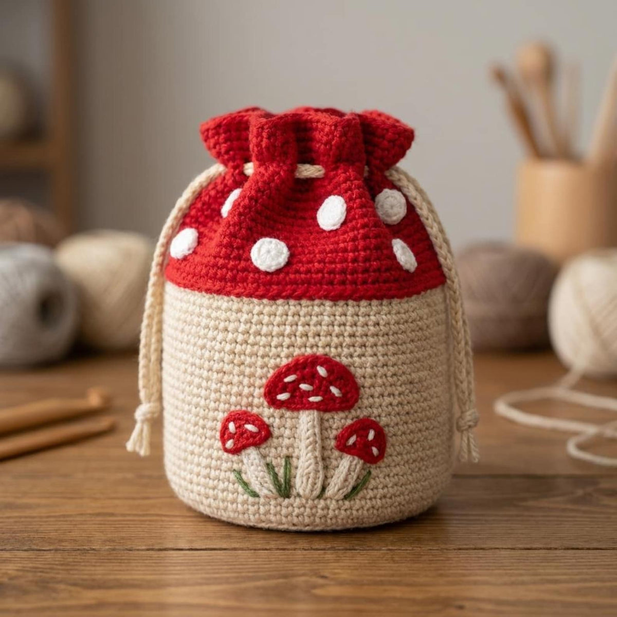 Crochet mushroom drawstring bag with red polka-dot top and mushroom appliqués on wooden table