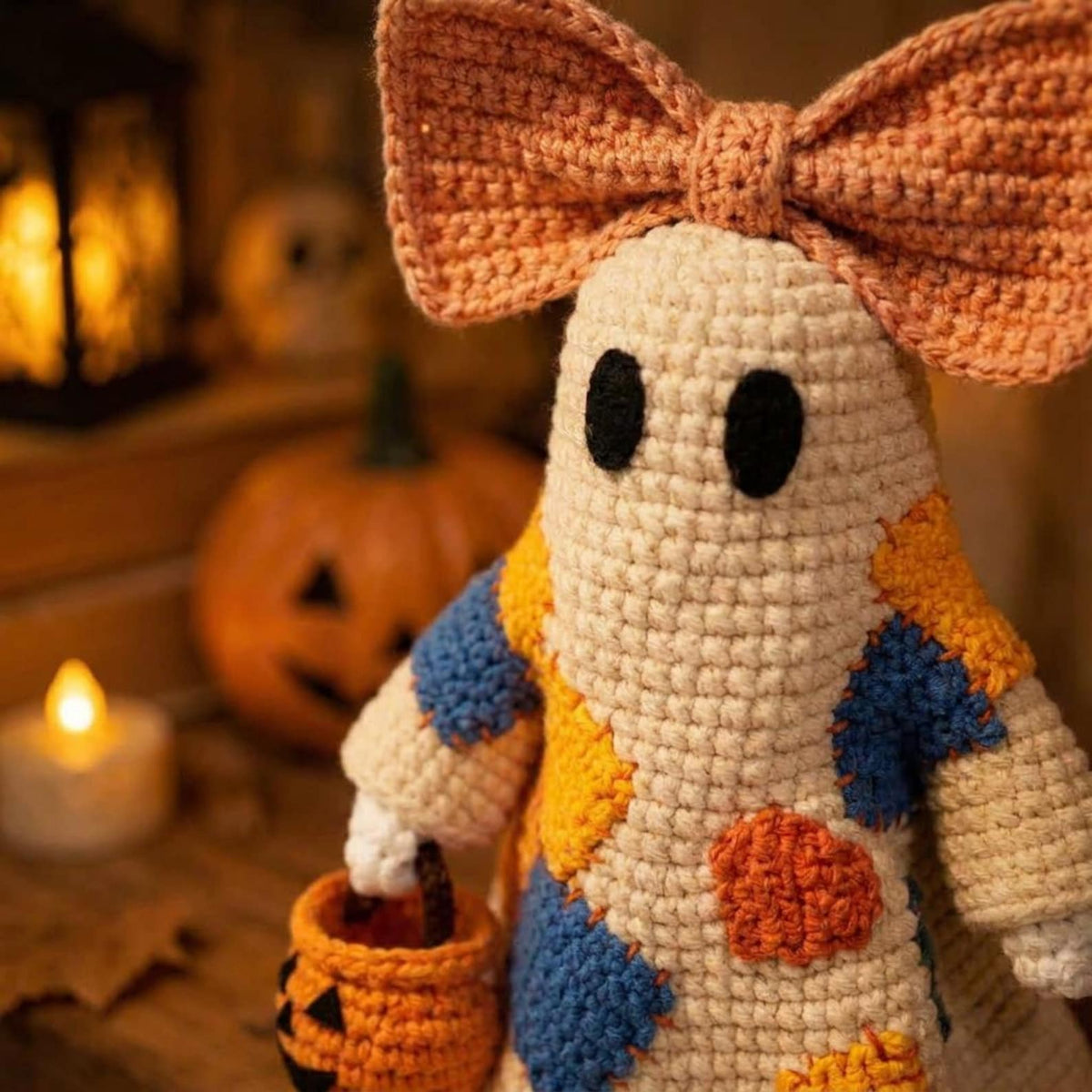 Back view of crochet Halloween ghost showing peach bow detail with jack-o-lantern