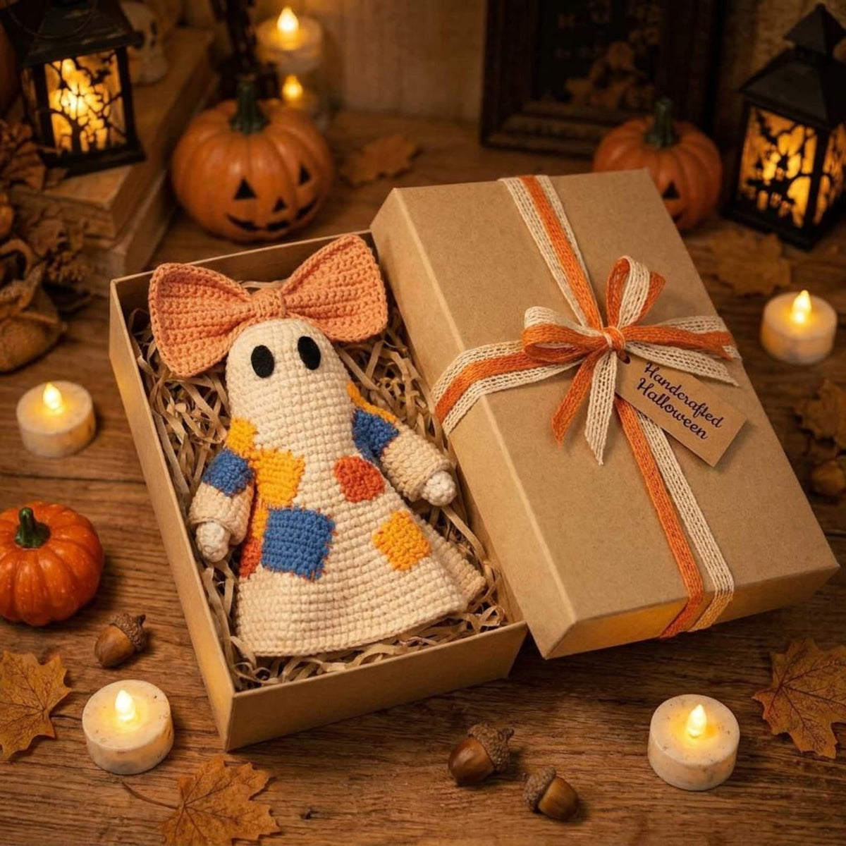 Crochet ghost with bow and trick-or-treat basket in rustic fall farmhouse setting