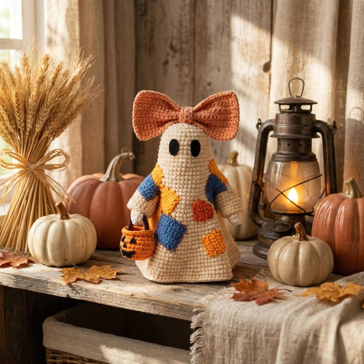 Close up of crochet Halloween ghost face with pink bow and patchwork body