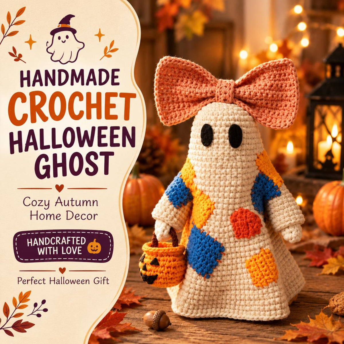 Handmade crochet Halloween ghost pattern promotional image cozy autumn home decor