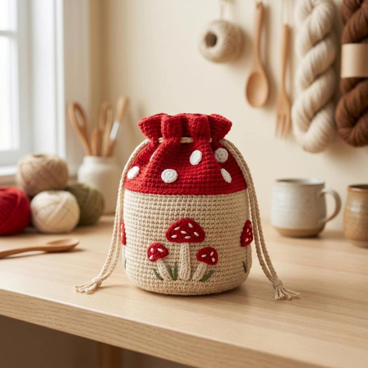 Crochet mushroom drawstring bag on craft table with yarn and tools
